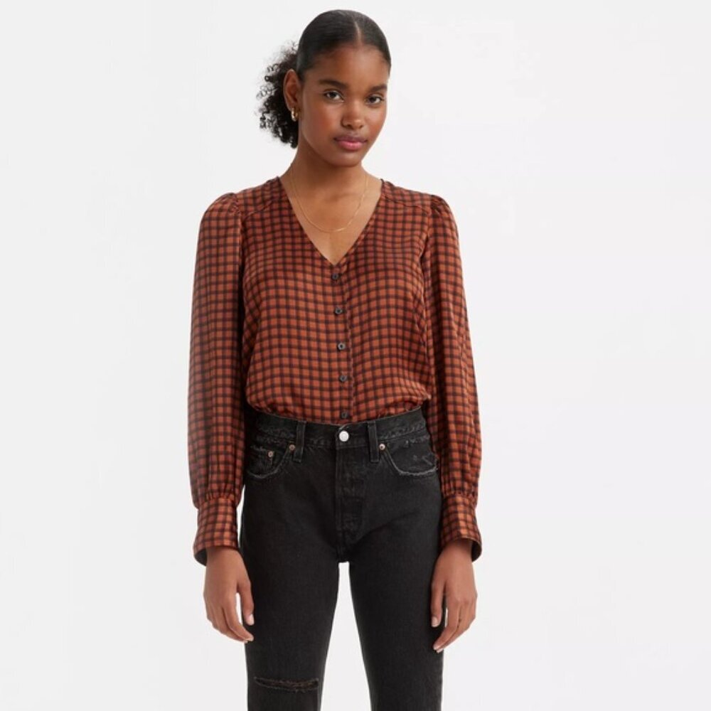NWT LEVI’S Satin Plaid Kit Blouse‎ V-neck LS Button Up Collarless Roomy Sz XL